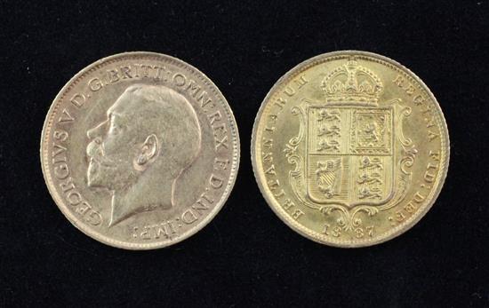 A Victoria 1887 gold shield back half sovereign and a George V 1912 gold half sovereign.